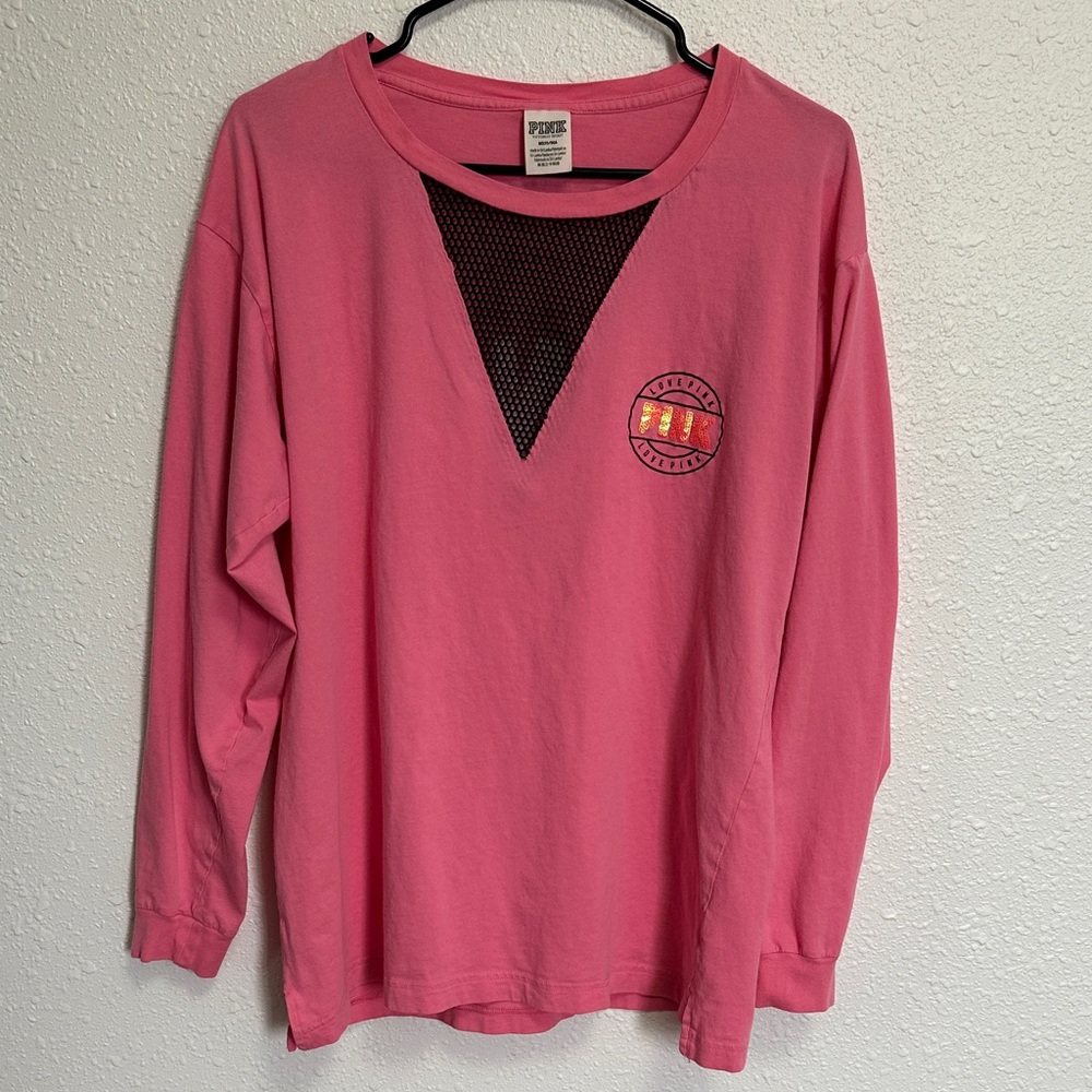 PINK Victoria's Secret Pink Long Sleeve Tee Black Mesh Detail Medium Oversized - Picture 2 of 13